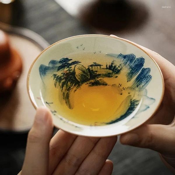 Tazas paisajistas pintados a mano Cazas de cerámica china de cerámica abertura de tazón de té tazón de té tazón para la ceremonia