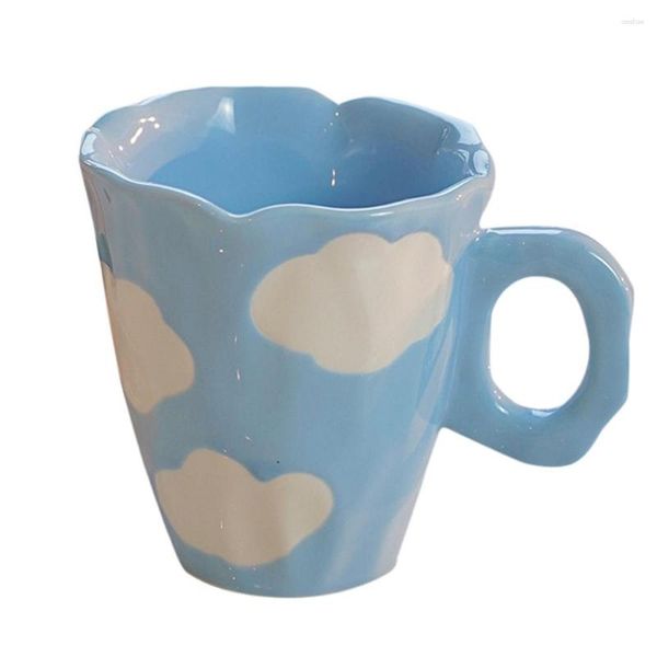 Tasses à la main en céramique peinte à la main tulipe et nuage tasse à café irrégulière pour thé lait cadeaux créatifs tasse (bleu)