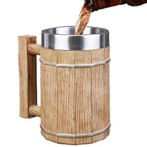 Tasses faites à la main en bois baril bière tasse écologique imitation bois en acier inoxydable Viking tasse seau en forme de cocktail pour les boissons