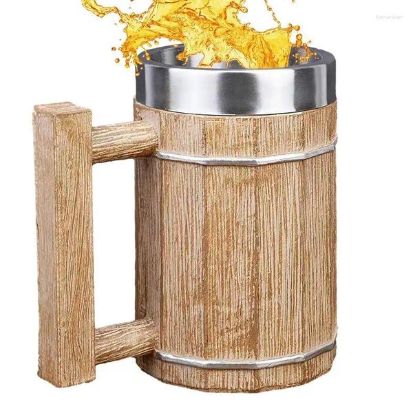 Tasses à bière en bois faites à la main imitation en bois de style bois avec poignée 600 ml tasse de whisky en forme de seau double mur