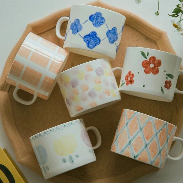 Tasses en céramique peintes à la main, pour la maison et le bureau, 280ML, verres à café faits à la main, imprimé Floral, matériau en porcelaine, 6 couleurs