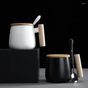 Mokken Hasital Porselein Coffee Cups Set 2 stuks keramisch houten handgreep 400 ml paar zwart wit met lepel bamboe deksel