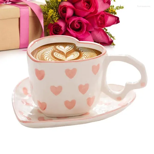 Tazas Taza de café con forma de corazón, tazas de San Valentín, coloridas, 250ml, forma de cerámica con platillo para té, Latte, taza de té de San Valentín