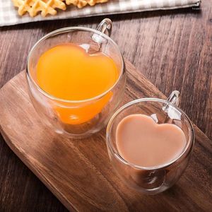 Tasses coeur love forme en verre tasse tasse tasse double mur à bois buvant du thé de lait de lait