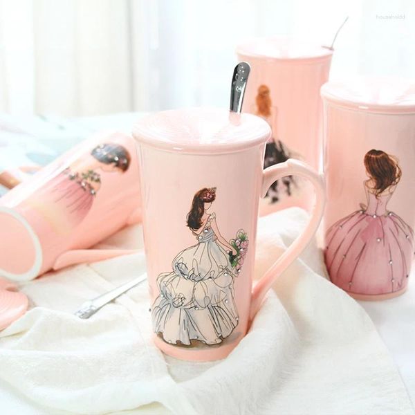 Tasses hf 3d rose belles filles en diamant robe de mariée tasse de café avec cuillère couverte à thé au thé du lait de lait cadeau créatif