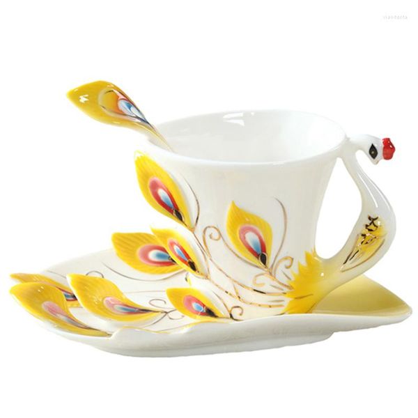 Tazas HF Creative 1 Juego de platillo de café de pavo real hueso de cerámica China taza de porcelana esmaltada de Color 3D con y cuchara