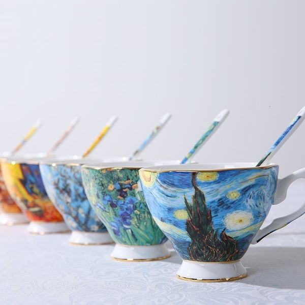 Tasses Haute Qualité Fine Bone China Van Gogh Tasses À Café avec Soucoupe Espresso Ensembles Drinkware pour La Maison 230727