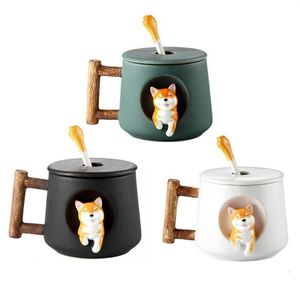 Tasses Décoration De La Maison Mignon Dessin Animé Animal Shiba Inu Tasse En Céramique Créative Noël Valentine Cadeau Couple Avec Couvercle Cuillère Café Cup285f