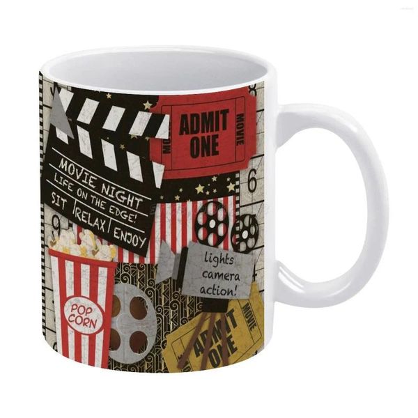 Tazas Home Movie-JP3516 Taza blanca 11 oz Divertidas tazas de café de cerámica Té Leche Película Palomitas de maíz Entradas Teatro Sala de teatro M