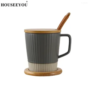 Mokken houseyou Japan eenvoudige keramische koffiemok set met houten lepel deksel padmelk thee bier watersap kopjes theekopje voor paar cadeau