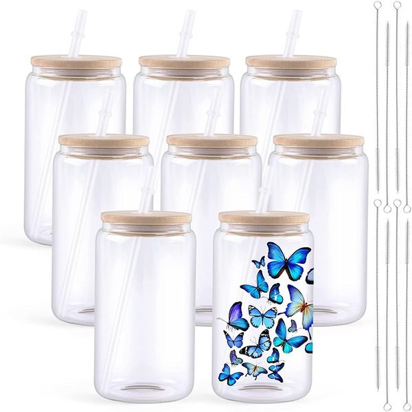 Tazas HTVRONT Paquete de 8 vasos de sublimación de vidrio transparente de 16 oz con tapa de bambú Vasos en blanco fáciles de sublimar DIY para tazas de café helado 230327