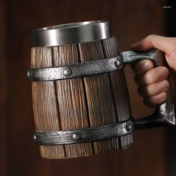 Tasses imitation bois rétro bière tasse résine en acier inoxydable baril tasse de café viking mèche double mur doublé cadeau 600 ml
