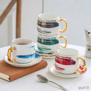 Tazze Serie pittura a inchiostro tazza da caffè in oro opaco tazza da tè in ceramica con inchiostro ad acquerello creativo tazza da caffè con piatto in ceramica R230713