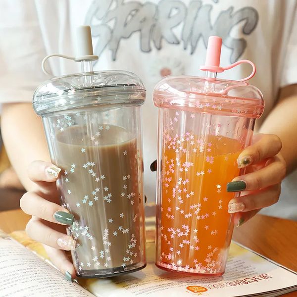 Tazas Ins Bubble Tea Cup Vaso portátil con paja Tazas de café de plástico con tapa Botella de agua transparente 231007