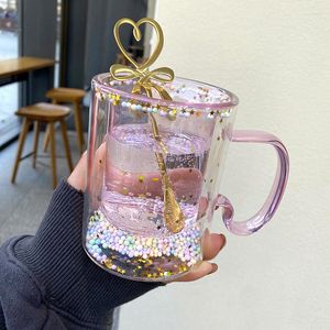 Canecas Ins Coreano Menina Coração Kawaii Bolha Estrela Céu Caneca Lantejoulas Parede Dupla Copo De Café Alça Resistente Ao Calor Leite