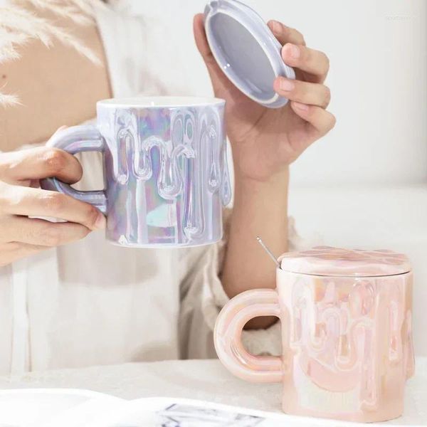 Tazas inspiradas al estilo coreano Pearl White Ceramic Taza con cuchara Copias de té de color glaseado de color doméstico