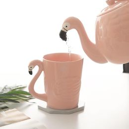 Mokken Ins Pink Flamingo Girl Ceramic Water Cup Teapot Set met handvat Home Mark Teaware Drinking