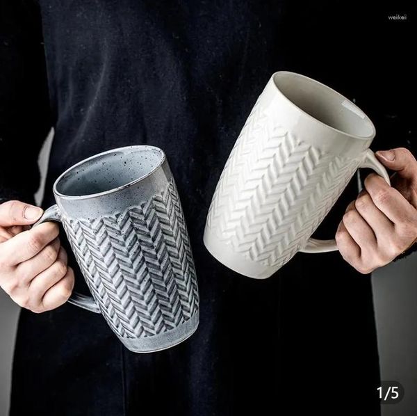 Tazas Taza de gran capacidad retro en relieve japonés Estilo europeo Horno que cambia el esmalte Cerámica Taza alta Amantes del agua del hogar