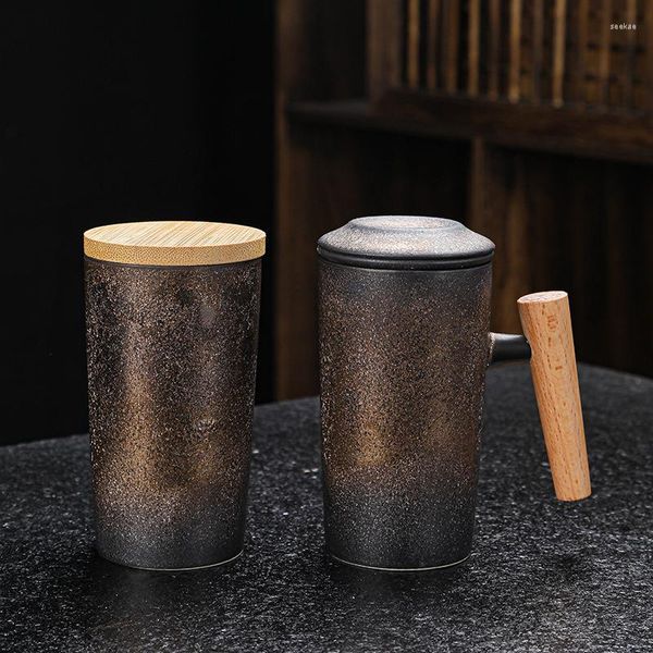 Tasses Style japonais 260ml rétro tasse à café en céramique Latte tasse à expresso Kungfu thé séparation de l'eau en bois et couverture Drinkware