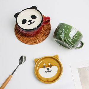 Mokken Japanse Stijl Cartoon Shiba Inu Panda Ontbijt Melk Cup Met Deksel Keramische Koffie Cup Thuis Leuke Kids Mok paar Mok Home Decor 230607