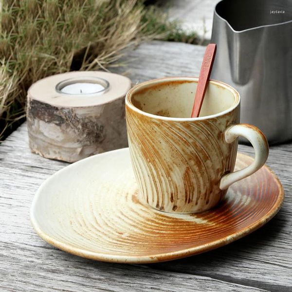 Tasses Tasse à café et soucoupe rétro en céramique de style japonais, tasse filetée de 280ml, thé de l'après-midi à la maison, grande capacité, faite à la main