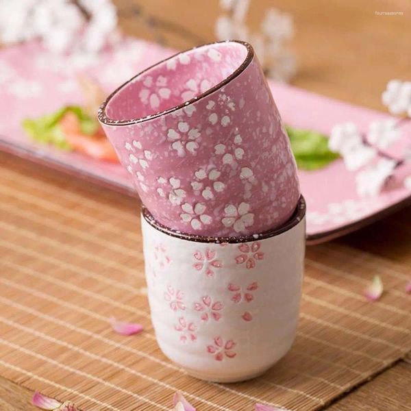 Tazas Estilo japonés Flores de cerezo Té Cerámica Underglaze Porcelana Taza Propietario de casa Sub-Copa Rosa Blanco