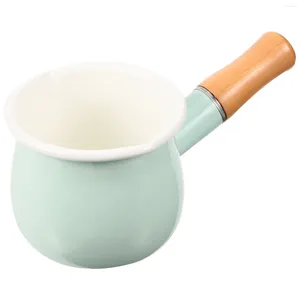 Tasses Pot à lait en émail de style japonais pour la cuisson et le chauffage sur cuisinière antiadhésive avec manche en bois - 10 cm vert clair