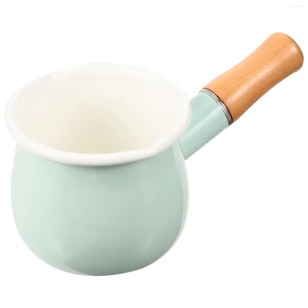 Tazas Olla De Leche Esmaltada De Estilo Japonés Para Cocinar Y Calentar Con Estufa Antiadherente Con Mango De Madera - 10 Cm Verde Claro