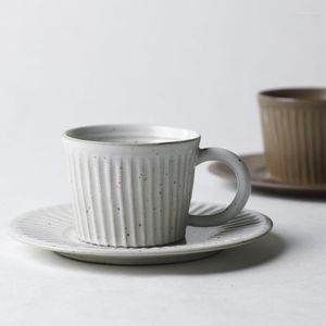 Tasses Style japonais Stoare tasse à café et soucoupe Latte concentré rayé avec plateau thé de l'après-midi fait main 160 ml