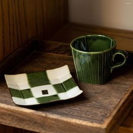 Tasses japonaises en tissu tissé vert, tasse à café et assiettes, ensemble Vintage avec plateau d'eau
