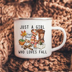 Tasses Just A Girl Who Love Fall imprimées, tasses à café créatives en émail, fête de vacances, poignée de jus de vin, cadeaux de Thanksgiving