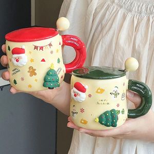 Mokken kawaii kerst keramiek met deksel lepel Diy Santa Claus Xmas Tree Tea Cups Cartoon paar Melk koffie cadeau