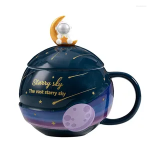 Tazas de cerámica para niños, 420Ml, planeta, regalo creativo, artículos para beber, paseo espacial, taza de té de agua bonita con tapa, taza de café de astronauta