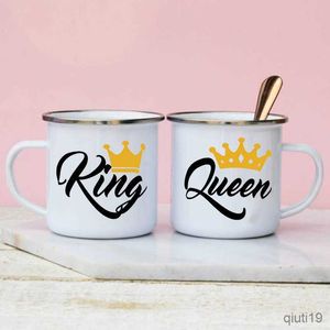 Tasses King Queen Imprimer Couples Tasses Creative Émail Tasse Voyage En Plein Air Camping Bonfire Café Tasse D'eau Amant Tasse Saint Valentin Cadeau R230713