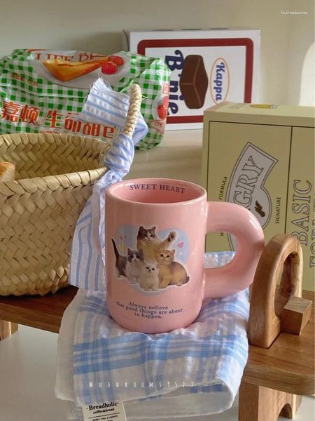 Tasses chaton tasse rose mignon pour les filles à boire petit déjeuner café lait tasse en céramique poignée potelée cadeau de noël type universel