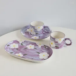Tasses coréenes à fleurs peintes à la main tasse de café en céramique et soucoupe settant le petit déjeuner d'eau lait kawaii tasse