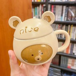Tasses coréenes créatives dessin animé en relief en céramique tasse tasse de bureau couple tasse de café avec cuir à main le thé kawaii