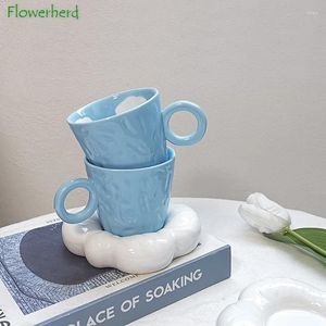 Tasses coréennes peintes à la main mignon ciel bleu nuages ​​tasse d'oreiller et de soucoupe set en céramique tasses