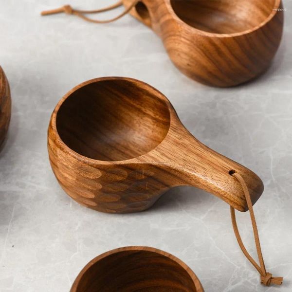 Tazas Kuksa Taza de café portátil Mango de madera de goma 2 orificios Cuerda de cuero de vaca Gancho Jugo Leche Té Taza para beber Bebidas Herramientas de cocina