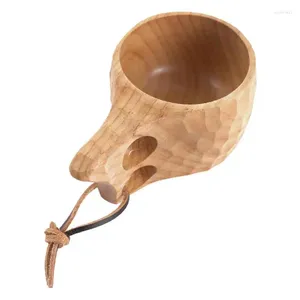 Tasses kuksa tasse en bois tasse sculptée à la main avec cordon en cuir