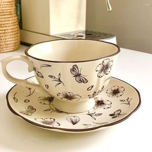 Tasses LadyCC Français Vintage Fleur Cassée Tasse À Café En Céramique Et Assiette Couleur Chaude Latte Mat