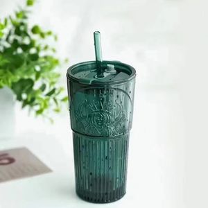Tazas de gran capacidad 600 ml Taza de paja de vidrio de café Modelo de diosa verde oscuro Agua de verano con tapa y paja 231129