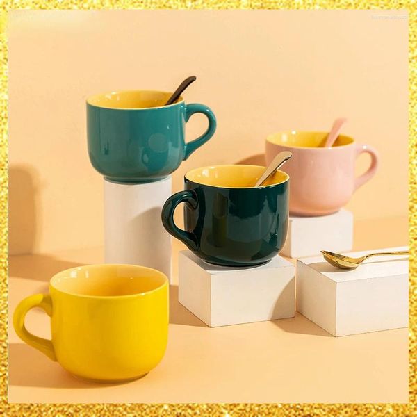 Tazas de cerámica de gran capacidad para desayuno, taza de té de la leche, tazón de sopa de avena, taza de café reutilizable de porcelana bonita con asa para estudiantes