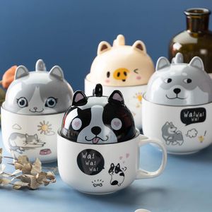 Tasses Grande Capacité Tasse À Eau En Céramique Tasse À Café Créativité Cuillère Avec Couvercle Animaux Mignons Couple Bureau Cadeau Snack Vaisselle Verres