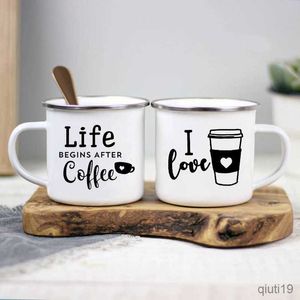 Mokken Leven Begint Na Koffie Print Mokken Creatieve Koffie Thee Drinken Dessert Ontbijt Melk Cup Emaille Mokken Handvat Drinkware Beste Geschenken R230713