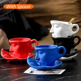 Tazas Love Kiss, tazas de café, cerámica con forma de cara, taza y platillo, taza artística divertida, bandeja de té Kawaii, regalos 231122