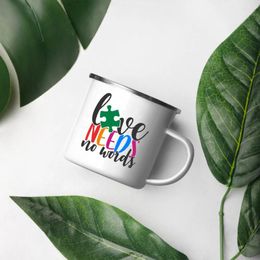 Tasses Love Need No Word Autism Awareness White Maniled tasse de café thé émail émaillé Puzzle coloré pour les personnes avec