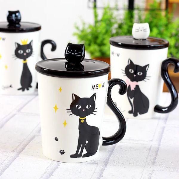 Tasses belle queue de chat poignée tasse en céramique café thé lait Drinkware avec couvercle de cuillère trois en un tasse cadeau 231013
