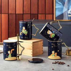 Tasses De luxe en céramique or étoile poignée la tasse du Petit Prince avec couvercle et cuillère tasse à café créative Drinkware cadeau élégant pour les amis 230928