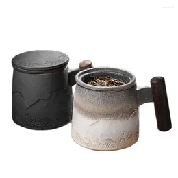 Tazas Taza de lujo Taza de té de cerámica Tazas de café retro chinas hechas a mano Taza de té Teaware Agua Mango de madera Juego de regalo de negocios